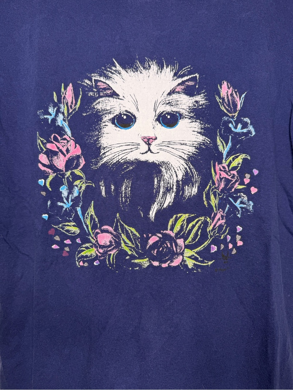 Adidas Women Navy Blue White Cat Floral Graphic Tee Size XL Vintage Grandmacore - Picture 2 of 7